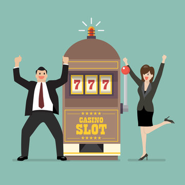 Slot Machine Jackpot With Celebrate Businessman And Woman