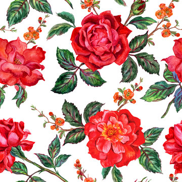 Seamless watercolor floral pattern of red roses on a white background.
