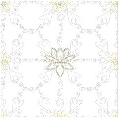 Seamless pink lotus flowers, black swirls pattern on white stock vector illustration