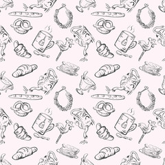 Seamless sketch of tea set and pastries and sweets 2