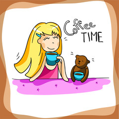 Beautiful girl drinking coffee, enjoy your morning, vector illustration