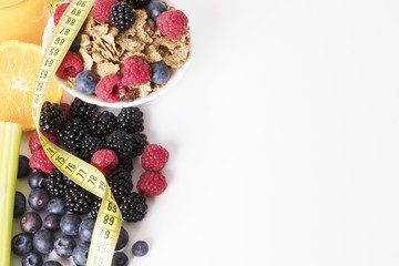 natural fruits with tape measure, diet concept