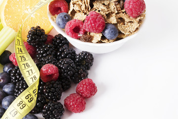 natural fruits with tape measure, diet concept