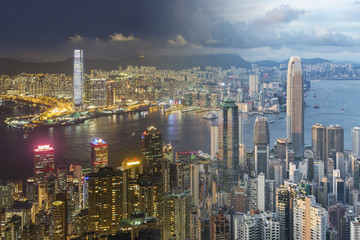 Victoria harbor of Hong Kong City, from day to night
