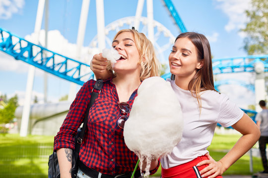 Happy girls eating cotton-candy in theme park on summer day
