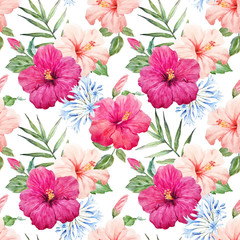 Watercolor tropical hibiscus pattern