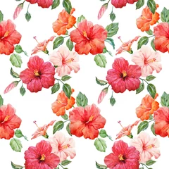 Behang Watercolor tropical hibiscus pattern © zenina