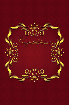 Card with gold frame of leaves with stars and Congratulations with red light on red background
