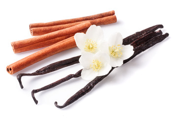Vanilla sticks and cinnamon with flower isolated on white background
