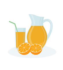 Jug, glass of orange juice and orange fruits on white background. Flat style, vector illustration. 