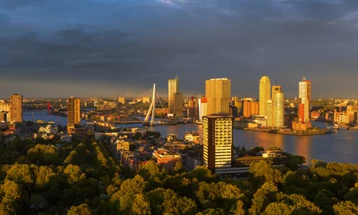 Photo sur Plexiglas Pont Érasme Last sunlight over the skyline of Rotterdam from the Euromast