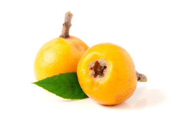 Ripe loquat or Eriobotrya japonica with leaf isolated on white background