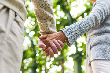 Hands of senior couple during walk in tree alley on sunny day