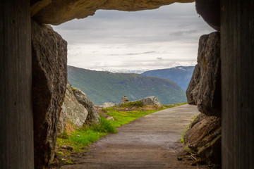 View from a cave to the mountains and forests of Norway