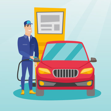 Caucasian gas station worker filling up fuel into the car. Smiling worker in workwear at the gas station. Young gas station worker refueling a car. Vector flat design illustration. Square layout.
