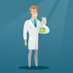 Caucasian laboratory assistant in medical gown showing a flask with biohazard sign. Young laboratory assistant holding a flask with biohazard sign. Vector flat design illustration. Square layout.