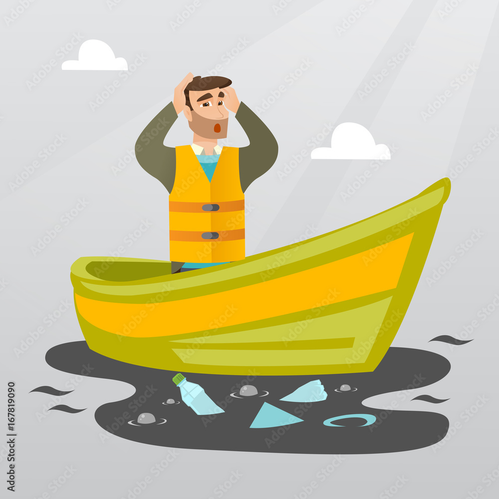Poster sanitation worker floating in a boat and catching garbage out of water. man clutching head while loo