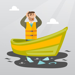 Sanitation worker floating in a boat and catching garbage out of water. Man clutching head while looking at polluted water. Water pollution concept. Vector flat design illustration. Square layout.