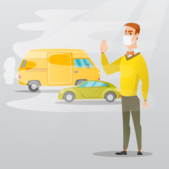 Man standing on the background of car with traffic fumes. Man wearing mask to reduce the effect of traffic pollution. Concept of toxic air pollution. Vector flat design illustration. Square layout.