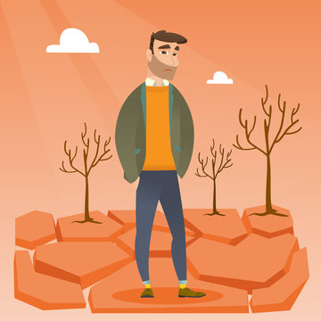 Caucasian hipster man standing in the desert. Frustrated young man standing on cracked earth in the desert. Concept of climate change and global warming. Vector flat design illustration. Square layout