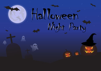 Halloween night party with gravestone and pumpkin on blue moon background