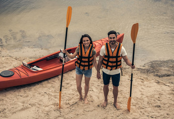 Couple travelling by kayak