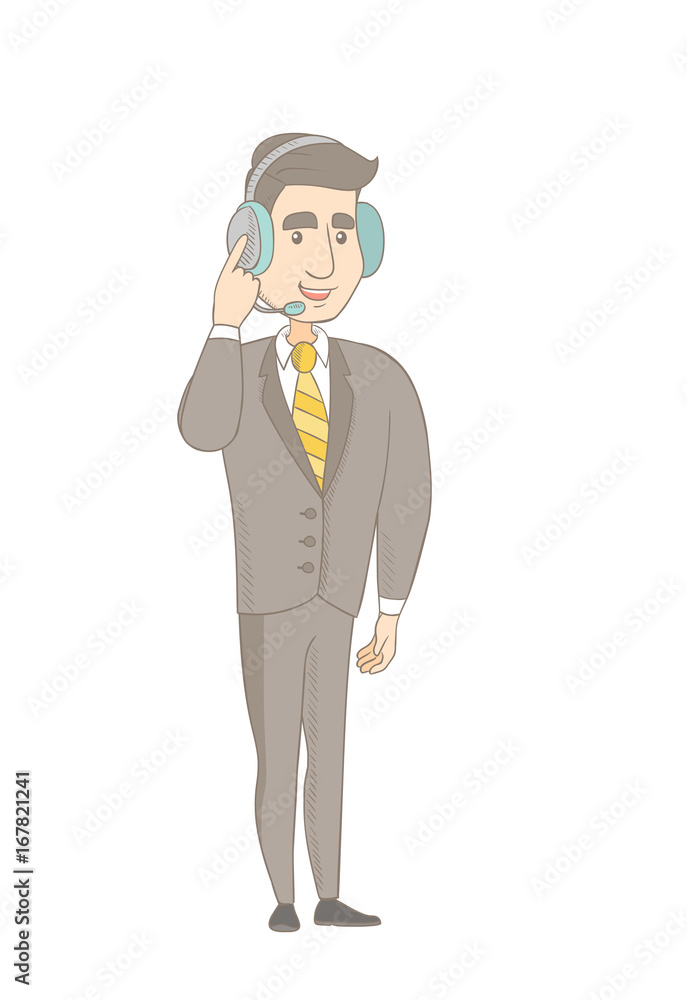 Poster caucasian customer service operator in headset with microphone. young customer service operator usin