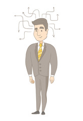 Caucasian businessman standing under arrows coming out of his head symbolizing process of business thinking