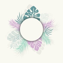 Fototapeta na wymiar Tropical design with colorful palm leaves and plants on white background with place for text