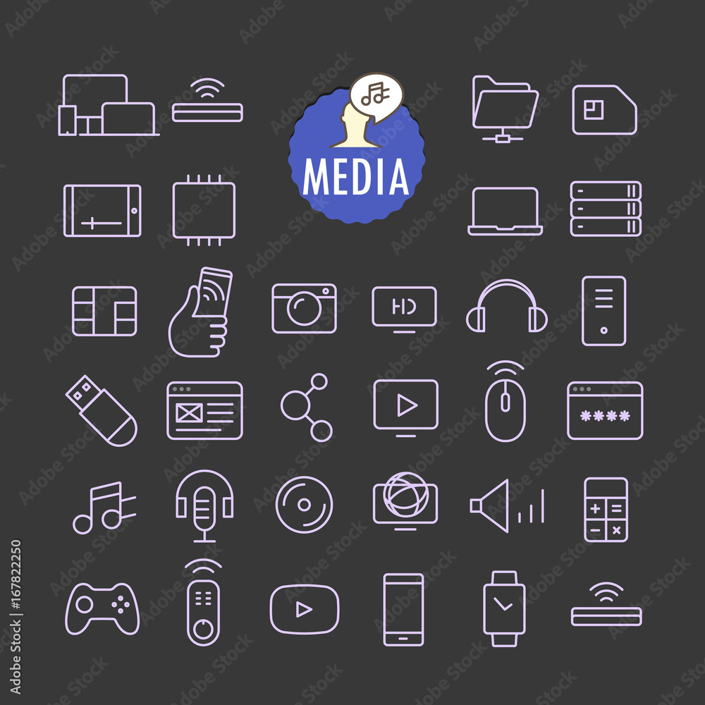 Poster Different media icons vector collection. Web and mobile app outline icons set on dark background