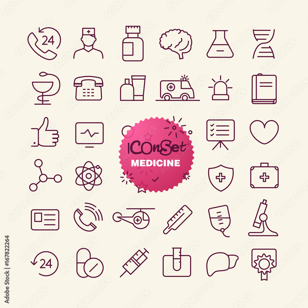 Poster Different trendy outline icons collection. Web and mobile app thin line icons set. Medicine