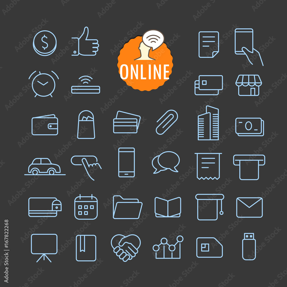 Poster Different online icons vector collection. Web and mobile app outline icons set on dark background