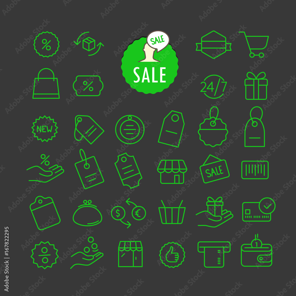 Poster Different sale icons vector collection. Web and mobile app outline icons set on dark background