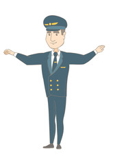 Young caucasian airplane pilot with arms outstretched. Full length of happy pilot in uniform gesturing his outstretched arms as a plane. Vector sketch cartoon illustration isolated on white background