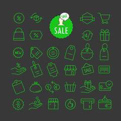 Different sale icons vector collection. Web and mobile app outline icons set on dark background