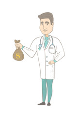 Caucasian doctor showing money bag with dollar sign. Full length of young doctor in medical gown holding a money bag. Vector sketch cartoon illustration isolated on white background.