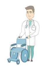 Caucasian doctor pushing an empty wheelchair. Full length of cheerful doctor standing near wheelchair. Young doctor with wheelchair. Vector sketch cartoon illustration isolated on white background.