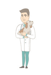 Caucasian veterinarian doctor holding a dog. Young veterinarian doctor carrying a dog. Veterinarian examining a dog. Pet care concept. Vector sketch cartoon illustration isolated on white background.