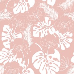 Seamless tropical pattern with white monstera leaves and flowers on pink background