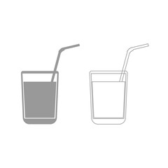 Juice glass with drinking straw grey set icon .