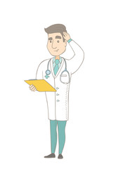 Confused caucasian doctor in medical gown scratching head while reading documents in clipboard. Young thoughtful doctor scratching head. Vector sketch cartoon illustration isolated on white background