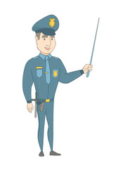 Caucasian policeman in uniform holding a pointer. Young policeman using a pointer during training. Policeman pointing with a pointer. Vector sketch cartoon illustration isolated on white background.