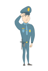 Caucasian police officer in uniform gives salute. Full length of young police officer saluting. Serious police officer saluting. Vector sketch cartoon illustration isolated on white background.