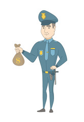 Caucasian policeman showing money bag with dollar sign. Full length of young policeman with money bag. Policeman holding money bag. Vector sketch cartoon illustration isolated on white background.
