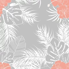 Cercles muraux Orchidee Modèle tropical sans couture d& 39 été avec des feuilles de palmier monstera et des plantes sur fond gris