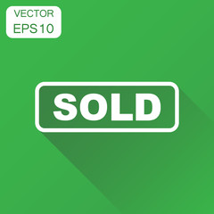 Sold seal stamp icon. Business concept sold pictogram. Vector illustration on green background with long shadow.