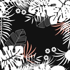 Fototapeta na wymiar Summer seamless tropical pattern with monstera palm leaves and plants on dark background