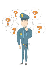 Caucasian policeman thinking. Young thinking policeman standing under question marks. Thinking policeman surrounded by question marks. Vector sketch cartoon illustration isolated on white background.