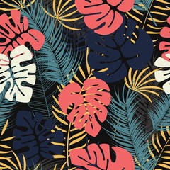 Summer seamless tropical pattern with colorful monstera palm leaves and plants on dark background