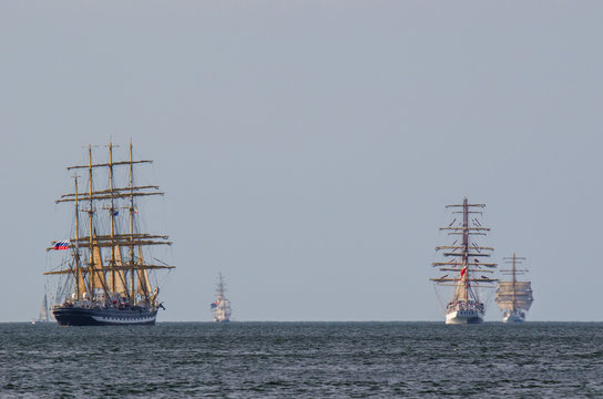 SAILING SHIPS - Kruzensztern, Dar Mlodziezy and Shabab Oman in the parade of sailing ships at sea